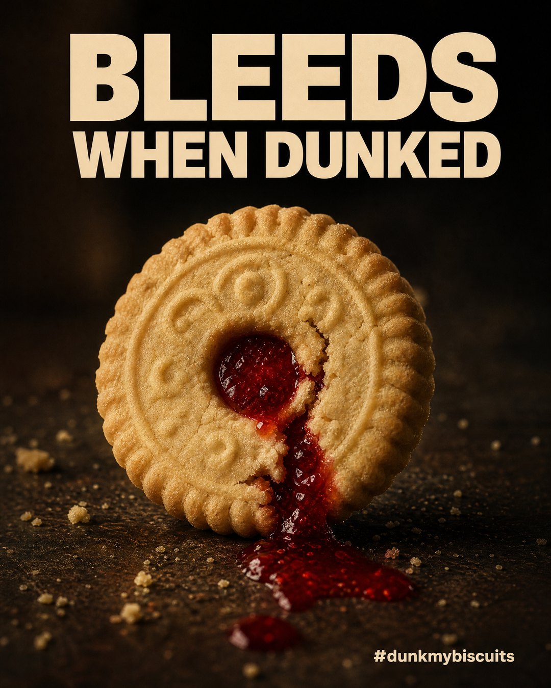 Bleeds When Dunked: a jam biscuit leaking jam