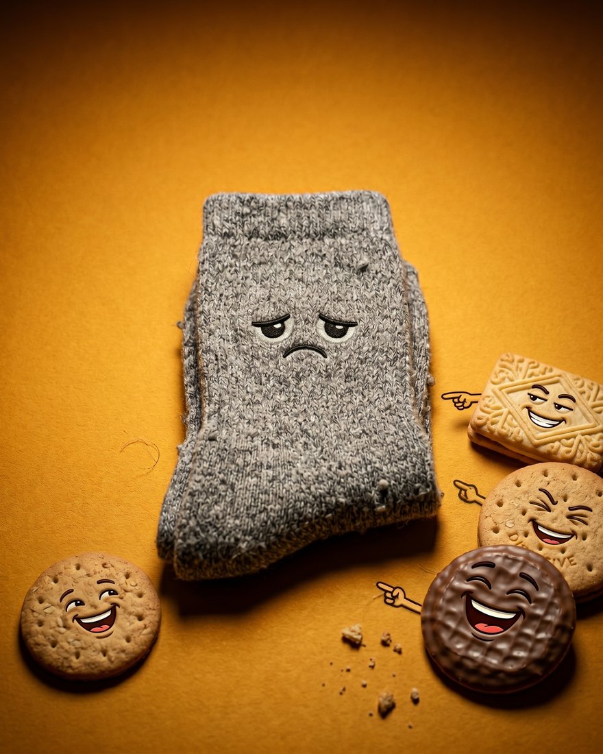 A sad sock surrounded by British biscuits laughing and pointing at it